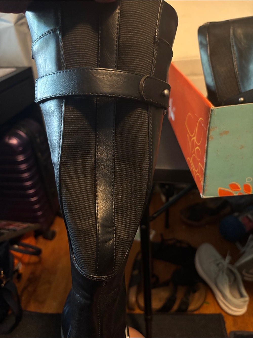 Classic Black Mid-Calf Buckle Heeled Boots - Picture 3 of 5
